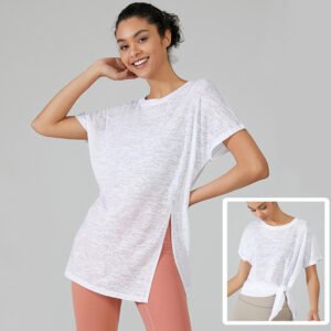 Oversize Short Sleeve Yoga T-Shirt Breathable Loose Split Hem Blouse